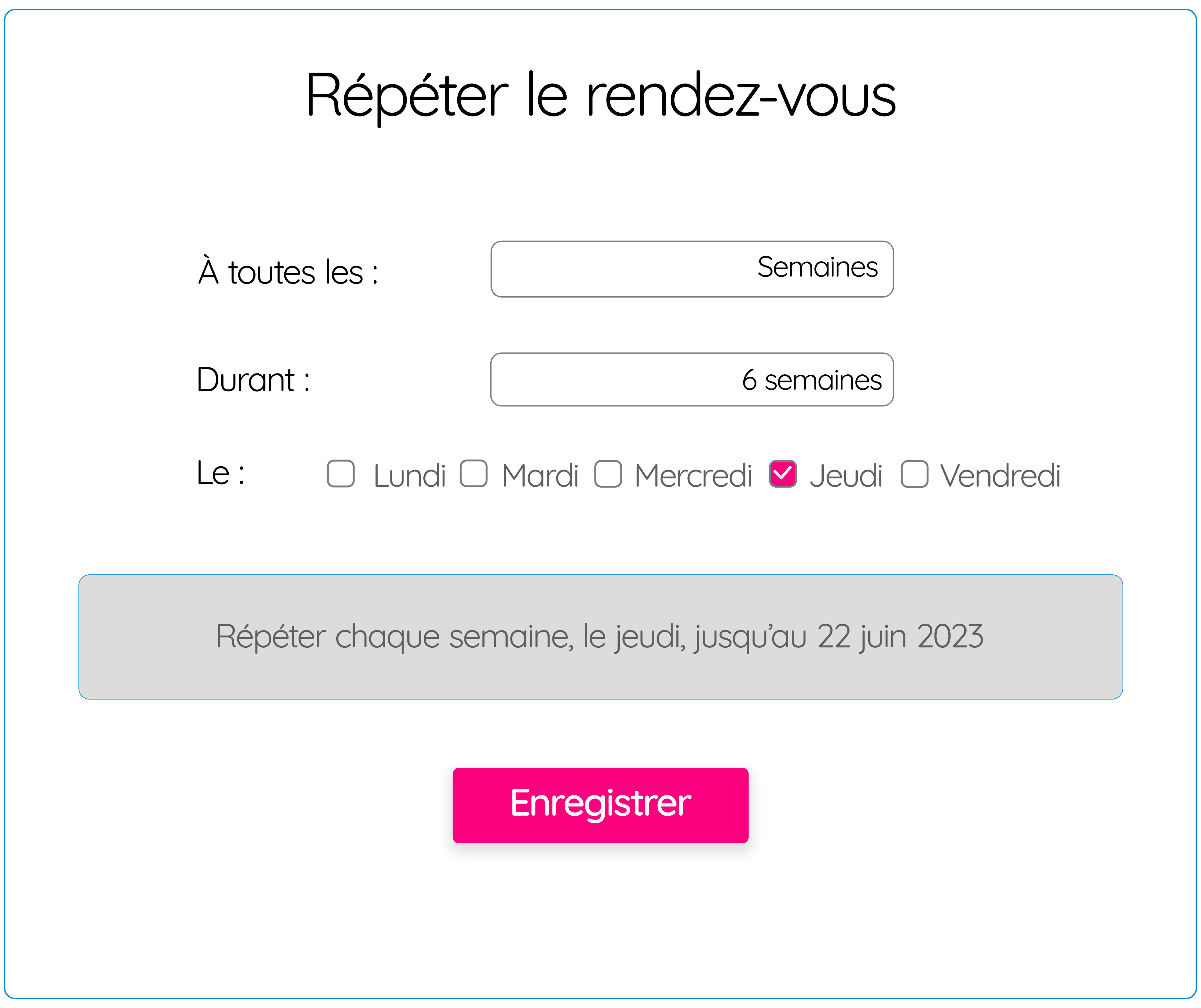 Fenêtre des paramètres de rendez-vous récurrents de GOrendezvous